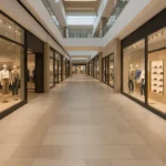 Et lyst, tomt indendørs shoppingområde med brede gangarealer, glasfacader til butikker på begge sider og mannequiner udstillet i vinduerne. Over etagerne ses gelændere og loft med lineære lysinstallationer.