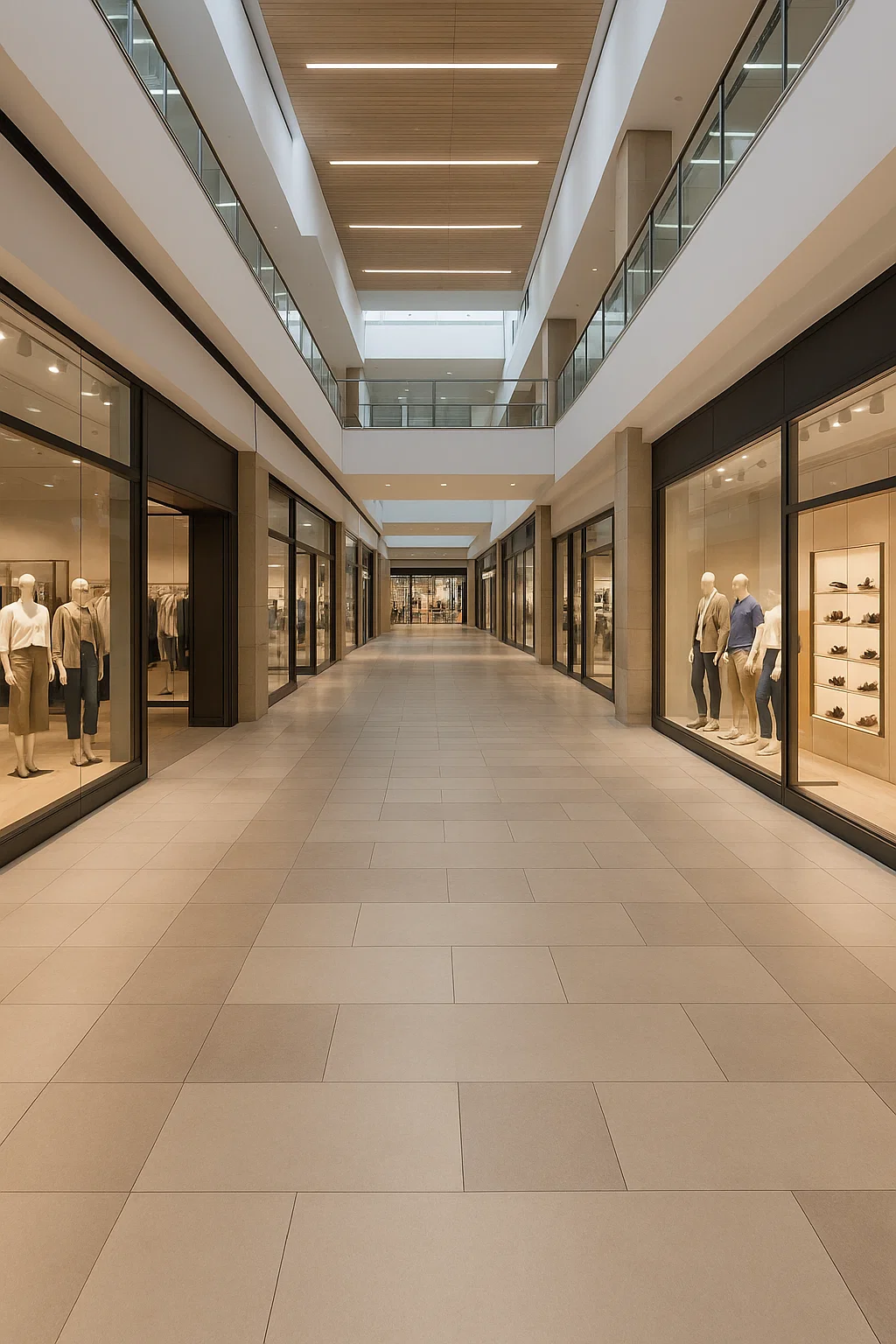 Et lyst, tomt indendørs shoppingområde med brede gangarealer, glasfacader til butikker på begge sider og mannequiner udstillet i vinduerne. Over etagerne ses gelændere og loft med lineære lysinstallationer.
