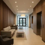 Stilfuld kontorlobby med sofaer og stole i neutrale farver, minimalistiske sofaborde, træpaneler på væggene, indbyggede loftslamper og en elevator til højre nær indgangen.